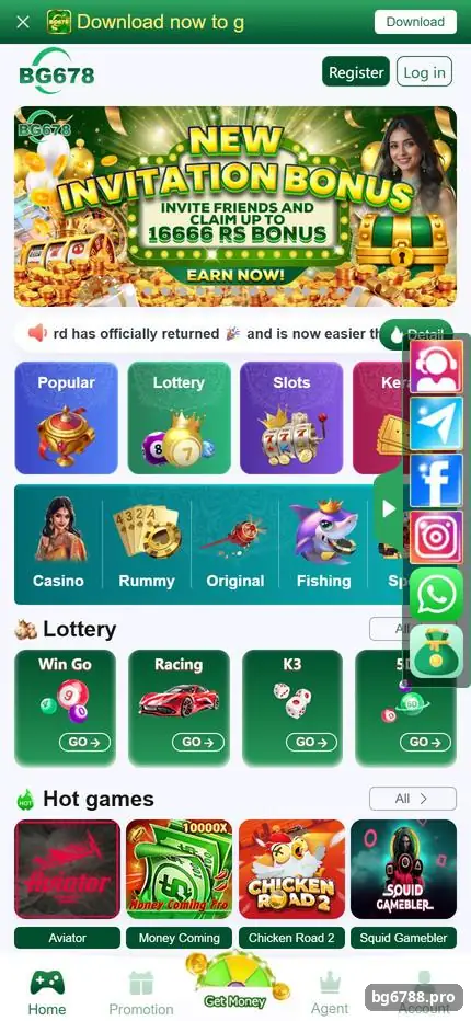 BG678 Game home screen on mobile with Register and Log in buttons, game categories and Lottery section