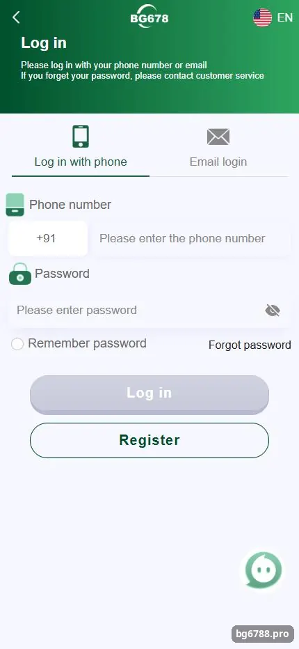 BG678 login screen with phone login, email login, password and Forgot password option