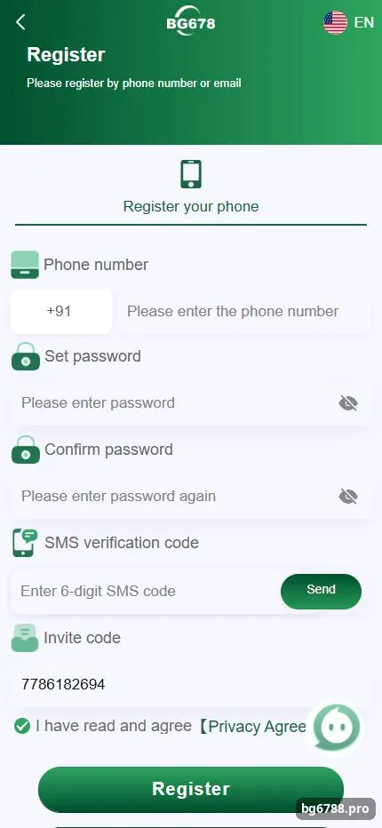 BG678 register form with +91 phone number, password, SMS verification code and invite code fields